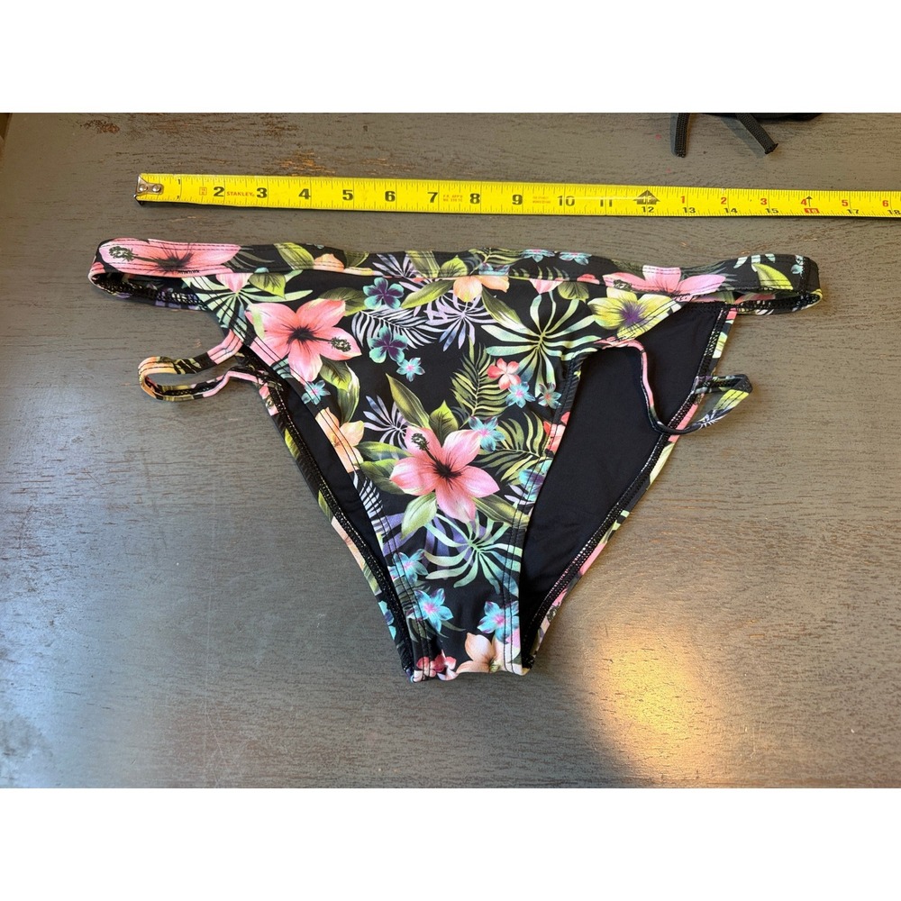 Sporti Womens Tropical Floral Strappy Side Bikini Swim Bottoms Black Pink Large